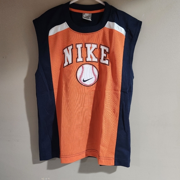 Vintage Nike No Sleeve Kids Baseball Size 6 Orange And Blue - Picture 1 of 3